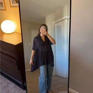 Free People Flowy Button-Front Tunic Top - Navy Blue